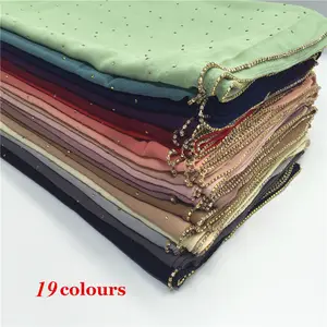 Pure Color Pearl Chiffon Hot Rhinestone Scarf Chain Side Baotou Scarf Shawl Scarf 18 Colors Wholesale Hijabs