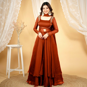 Premium Silk Satin Women's Anarkali Style Knee Length 3 Pieces Kurta Pant Dupatta <b>Set</b> with Hand Embroidery and Woven Detail - Product Image 1