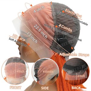 Perruque Lace Frontale 13x6 en Cheveux Humains Lisses Roux <span class=keywords><strong>Orange</strong></span>, Dentelle HD Transparente, Pré-épilée avec Baby Hair, Densité 200% - Product Image 4