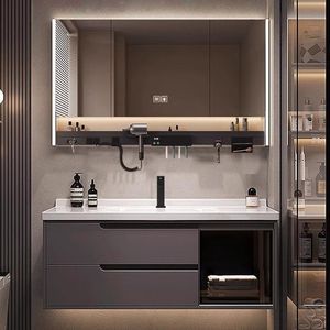 Custom Ceramic Integrated Basin <b>Bathroom</b> Vanity Grey One Piece Basin Stainless Steel <b>Cabinet</b> <b>Mirror</b> <b>Light</b> Included - Product Image 5