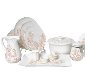 JIA SHUN — service de table en céramique beige et orange, avec relief de coquillage, service de table, pour hôtel, maison, 16 pièces