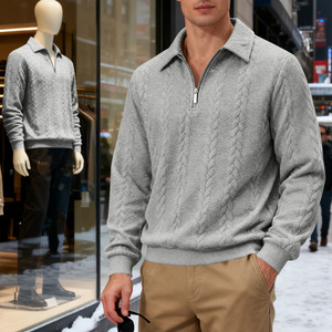 2026 Spring Autumn Men's Heavyweight Textured Casual Commute Lapel <b>Zip</b> <b>up</b> <b>Polo</b> Sweatshirt - Product Image 3