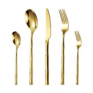 Sản phẩm mới tre thiết kế xử lý số lượng lớn Flatware 304 thép không gỉ dao kéo vàng gương kim loại bạc Set