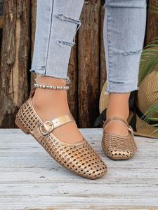 Zapatos Planos Mary Jane Dorados para Mujer, Diseño Calado, Retro, con Correa en el Tobillo, Forro de Malla Transpirable, Suela y Entresuela de PU - Product Image 5