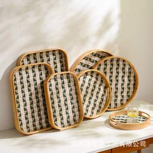 Bamboo Serving <b>Trays</b> Geometric Pattern Round And Rectangular For Restaurant Commercial Use - Product Image 1