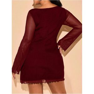 Vestido Mini de Malla Transparente para Mujer, Tallas Grandes, Manga Larga Acampanada, Cuello Redondo, Ajustado, Tejido, para Invitadas de Boda o Salidas Nocturnas - Product Image 2