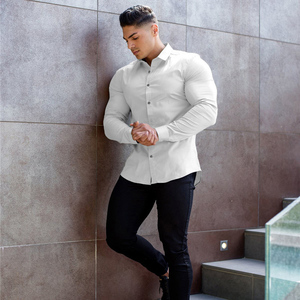 Nuovi arrivi camicia da lavoro sportiva da <span class=keywords><strong>uomo</strong></span> Slim Fit muscolare per il tempo libero manica lunga risvolto elasticizzato camicie da lavoro per ufficio - Product Image 3