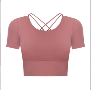 Vêtements de yoga pour femmes nu dos croisé T-shirt à manches courtes Crop Slim Stretch Sports Bodybuilding Sous-vêtements - Product Image 1