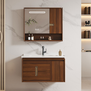 New Chinese-Style Wenge Wood Bathroom Vanity Integrated Ceramic Sink Vintage Washbasin <b>Cabinet</b> 3-Year Warranty LED Mirror - Product Image 4