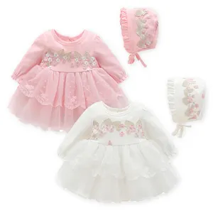 Romper bayi lengan panjang renda bordir bunga pakaian bayi grosir baju bayi Musim Semi 100% katun Ruffle Tulle Romper anak perempuan