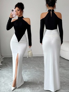 <span class=keywords><strong>Robe</strong></span> longue d'été tendance Y6073 pour femme, décontractée, élégante, sexy, ajustée, à col licou, couleur contrastante, froncée, pour soirée - Product Image 1