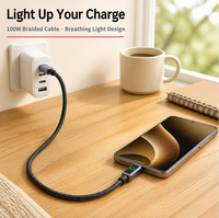 Câble USB PD 100W tressé avec lumière respirante, design en alliage d'aluminium, compatible avec ordinateur portable, moniteur, téléphone portable