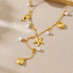 Collar Lariat <span class=keywords><strong>de</strong></span> Acero Inoxidable 316L Dorado con Colgante en Y <span class=keywords><strong>de</strong></span> Perla, Delfín, Estrella <span class=keywords><strong>de</strong></span> Mar y Concha, Joyería para Mujer, Venta al por Mayor, Personalizado OEM - Product Image 6
