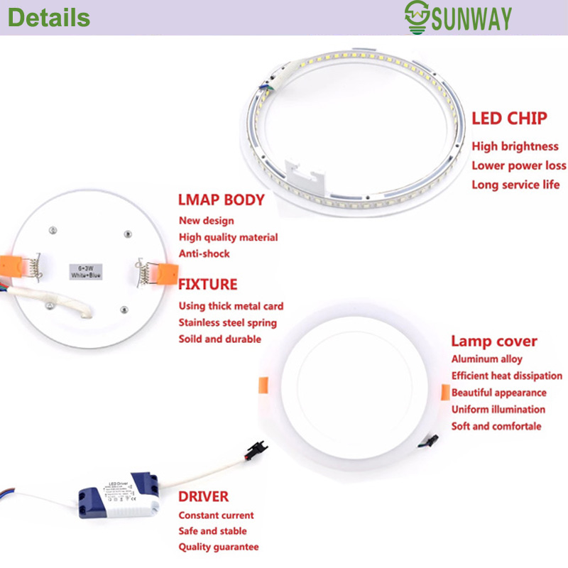 Foshan manufacturer Round Square Muti Bi- colors 16w 6w 24w 9w 3+3w 6+3w 12+4w 18+6w RGB double color led downlight