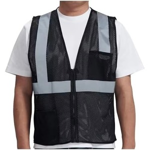Gilet de sécurité réfléchissant en maille noire avec bandes argentées, poches avant zippées, normes ANSI ISEA 107 classe 2 - Product Image 1