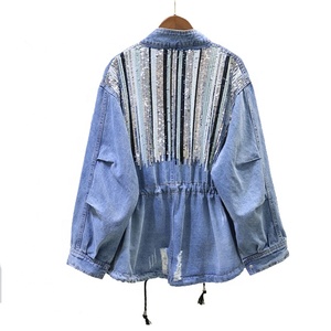Spring New Arrival <strong>Ladies</strong> Ripped Jeans Coat Womens Drawstring Cotton Denim <strong>Jacket</strong> Oversize <strong>Sequins</strong> Jean <strong>Jacket</strong> - Product Image 2