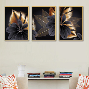 Nouvelle peinture décorative triple feuille d'or noire noyau salon peinture sans cadre - Product Image 5