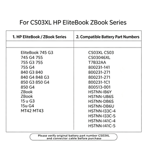 Batería de Iones de Litio CS03XL de 11.5V y 3300mAh para <span class=keywords><strong>HP</strong></span> <span class=keywords><strong>EliteBook</strong></span> <span class=keywords><strong>840</strong></span> G3, Batería 745, 850 G4, ZBook 15u G3 G4, MT42, MT43, HSTNN-IB6Y, 800513-001 - Product Image 3