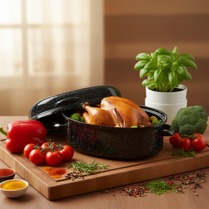 Asador Ovalado para Ganso de 4.5 L y 34 cm, Esmaltado en Negro con Motas Blancas - Product Image 3