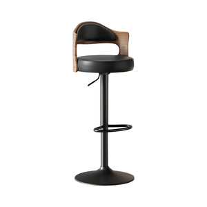 Modern <b>Bar</b> <b>Stool</b> With Backrest Height Adjustable Swivel Wooden Frame Black <b>Leather</b> Seat For Home Kitchen Counter Use - Product Image 5