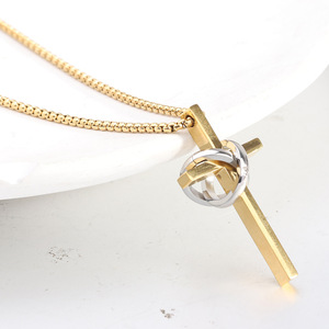 Stainless Steel <b>Cross</b> Pendant Necklace 18mm Double Ring Design For Women Daily Wear - Product Image 4