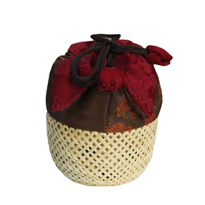 Chinese Style <b>Bamboo</b> Woven Cup Basket Dark Red Cloth Cover Round 10cm Diameter Travel Portable Storage <b>Container</b> - Product Image 5