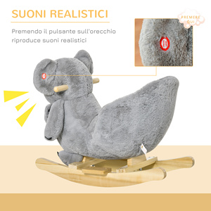 Cheval à bascule Koala en peluche HOMCOM avec sons, ceinture de sécurité et base en bois, 60x33x50cm, gris - Product Image 5