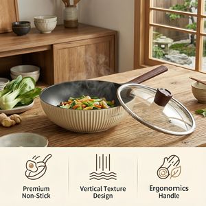 Ceramic Coated Wok Milky White 32 Cm Non-Stick Flat Bottom For Steaming Stewing Cooking With Wooden Handle - Product Image 3