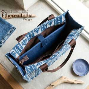 <b>Blue</b> Indigo <b>Rug</b> Tote Bag Block Print Cotton Tote Leather Handle Boho Shoulder Bag <b>Large</b> Everyday Tote - Product Image 6