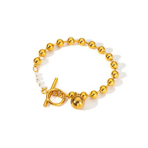 Fashion <b>Beaded</b> <b>Bracelet</b> 316L Stainless Steel PVD <b>Gold</b> Plating T-Bar Closure Sustainable Resistant Jewelry - Product Image 1