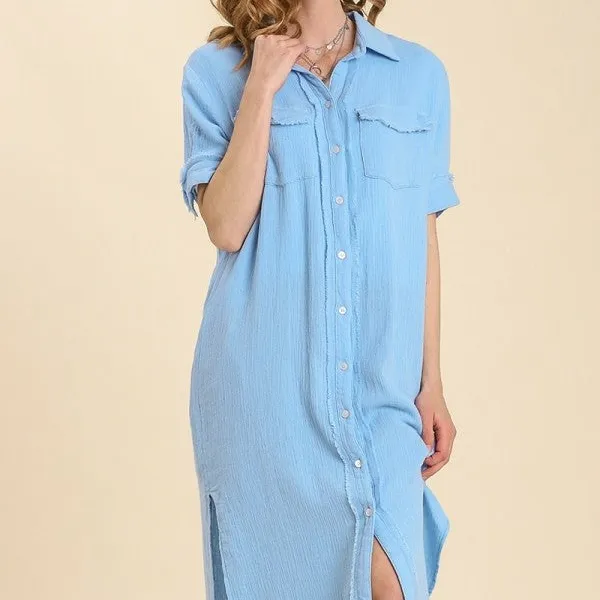 מכירה לוהטת גזה Midi שמלה עם כיס פרטי בלוי לקצץ ב אור כחול