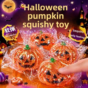Halloween Squishy Glitter Pumpkin Stress Toy Sequin Filled Jack-O-Lantern Squeeze Toy Eco-friendly TPR Anxiety Relief <b>Tool</b> - Product Image 2