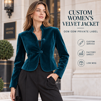 Veste courte ajustée en velours uni pour femme, col montant, boutons grenouillère, manches longues, idéale pour les occasions spéciales