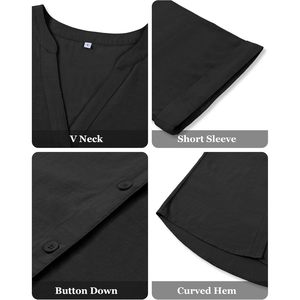เสื้อเชิ้ตผู้หญิงแขนสั้นคอวีผ้าฝ้ายลินินเสื้อลำลองสำหรับทุกวัน - Product Image 5