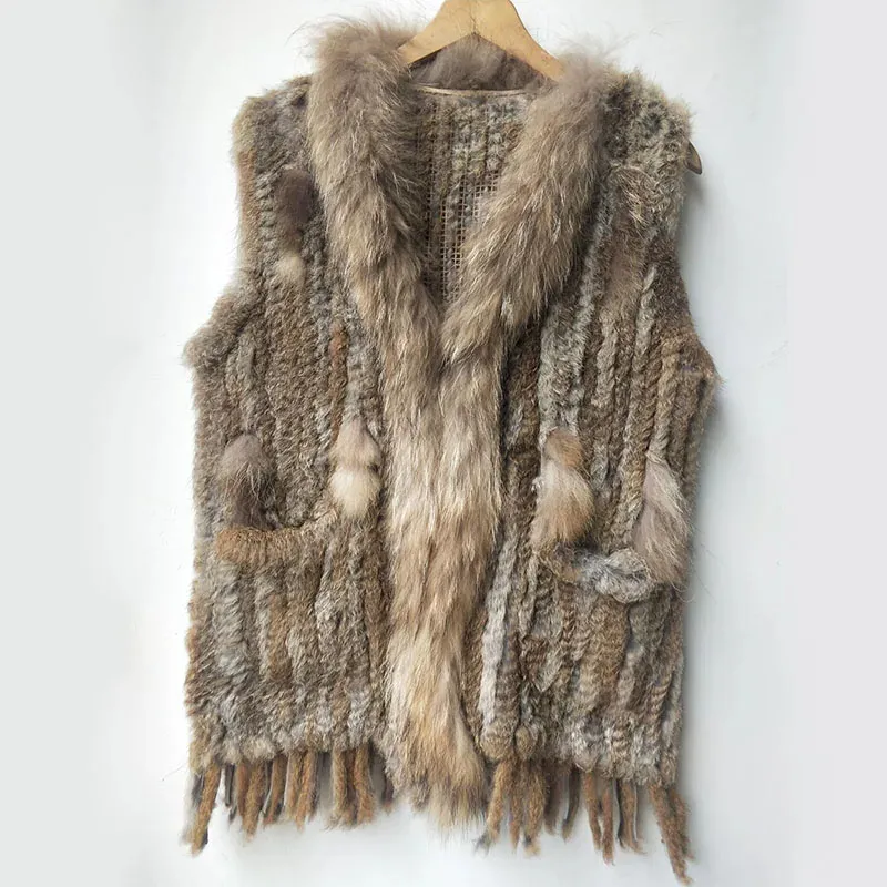 Chaleco de piel de conejo Real de punto de otoño 2020 con bolsillo con borla para mujer, chaleco de piel suelto informal largo sin mangas con cuello en V a la moda