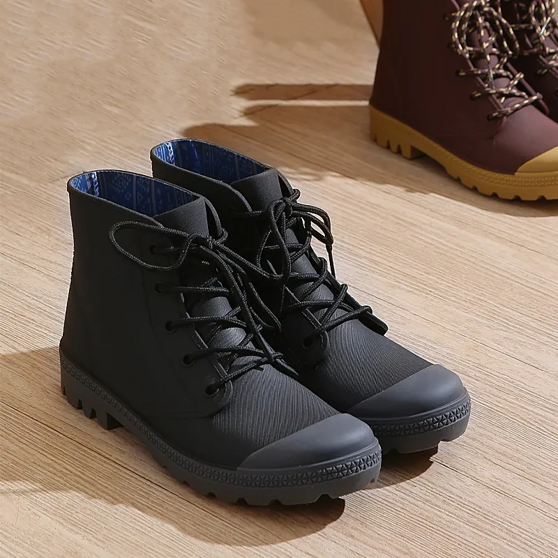 Women Rain Boots Black Waterproof Mid Calf Lightweight Booties Fashion Out Work Comfortable shoelaces Garden Shoes Boots for Men