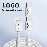 Câble de charge et de données USB C 2 en 1 en nylon tressé anti-casse blanc avec logo personnalisé, compatible avec MacBook, tablette, smartphone