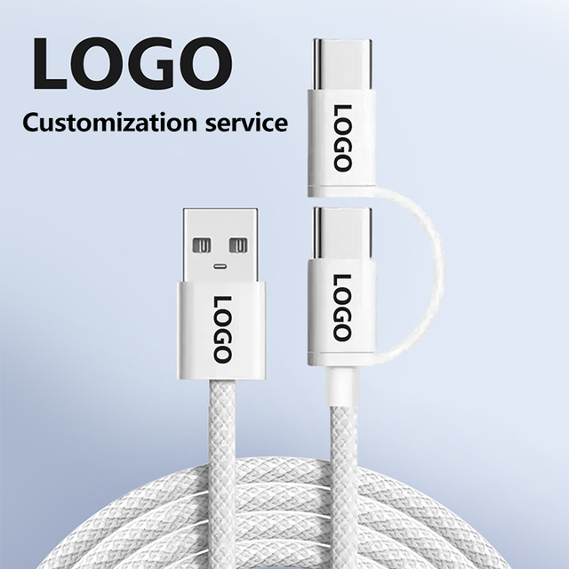 Customized logo White Anti-breakage Nylon Braided 2 In1 USB C Data Charging Cable Compatible with MacBook Tablet Smartphone