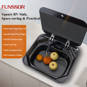 Évier de camping-car en acier inoxydable noir et argenté avec couvercle en verre et robinet pliable, accessoire de lavabo pour <span class=keywords><strong>caravane</strong></span> et camping-car - Product Image 1
