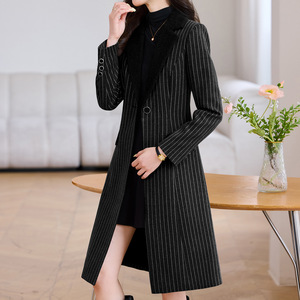 Striped Suit Collar Trench Coat For Women Medium Thickness Polyester Woven Autumn Winter Style Elegant Slim Fit Coat - Product Image 3
