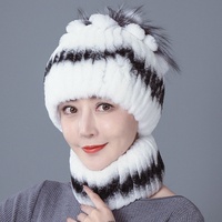 Ensemble chapeau et écharpe en fourrure de lapin Rex véritable, tricoté à la main, chaud et coupe-vent pour l'hiver, pour femmes, vente en gros OEM