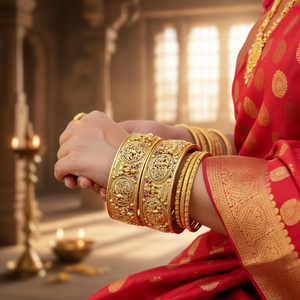 <b>Gold</b> Plated Openable Pota Stone Temple <b>Bangle</b> <b>Set</b> for Women | Traditional Ethnic Jewellery - Product Image 3