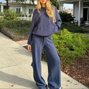 Nouveautés ensemble de pulls en tricot pour femmes couleur unie coupe ample à la mode à capuche anti-boulochage poche anti-boulochage pour femmes - Product Image 4