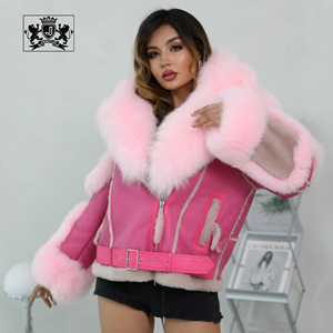 Janefur - <span class=keywords><strong>Abrigo</strong></span> de Piel de Oveja con Pelaje de Zorro Rosa de Lujo al por Mayor, Chaqueta de Piel de Cordero de Doble Cara para Mujer, Talla Grande - Product Image 2