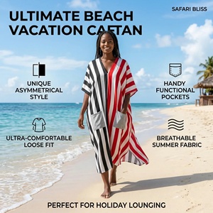 Nuevo Vestido <span class=keywords><strong>de</strong></span> Verano a Rayas con Cuello en V y Manga Corta para <span class=keywords><strong>Mujer</strong></span>, Vestido Largo Informal y Holgado para Vacaciones - Product Image 5