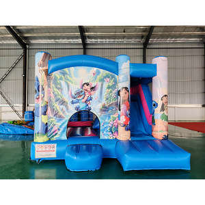 Château gonflable combiné avec toboggan bleu et rose pour enfants, château gonflable commercial pour aire de jeux - Product Image 1