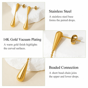 Boucles d'oreilles doubles en forme de goutte d'eau en acier inoxydable plaqué or 14 carats avec chaîne à billes et fermoir à tige de 40 mm, bijoux pour femmes - Product Image 3