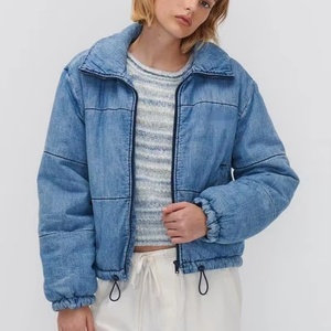 Fashionable High Quality Casual Denim Puffer Jacket with <b>Button</b> Detail Waist-Length Light Wash Custom Logo <b>Jean</b> Jacket for Women - Product Image 2