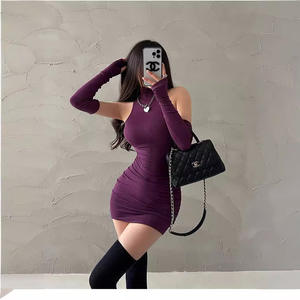 Vestido ajustado fruncido para mujer, minivestidos de cuello alto con mangas, Otoño, negro, ajustado, elástico, Vestidos de fiesta, ropa Y2K de moda - Product Image 3