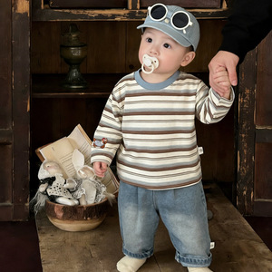 Ensemble T-shirt rayé à manches longues en coton pour bébé garçon et pantalon décontracté style western pour le printemps et l'automne - Product Image 4